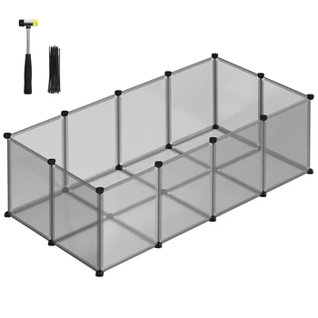 SONGMICS Recinto per animali domestici, box per cavie con pavimento, recinto interno in plastica trasparente per criceti, conigli, ricci, per piccoli animali, 143 x 73 x 46 cm, grigio/bianco