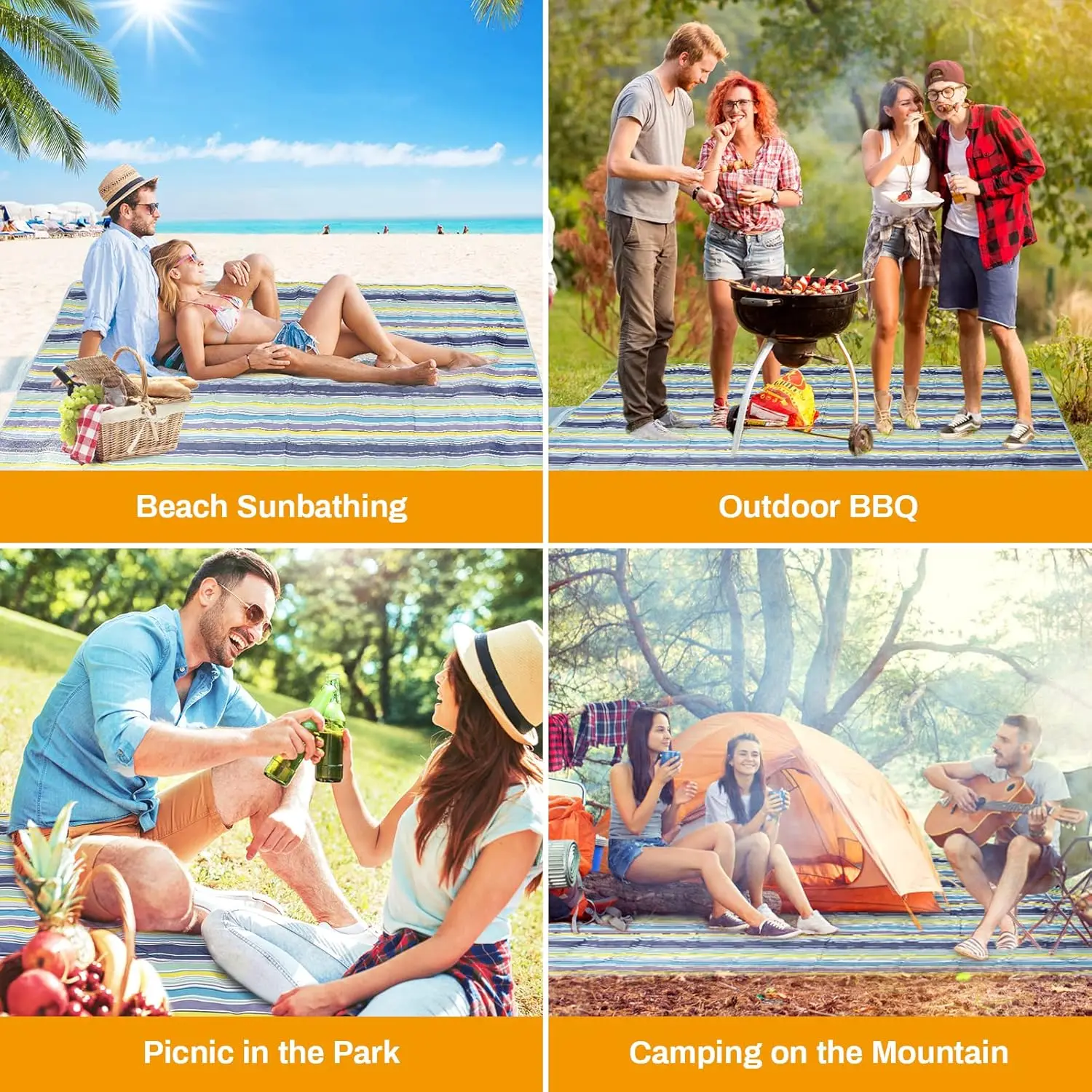 GUSUWU Coperta da Picnic Impermeabile Tappeto da Spiaggia 200×300cm Tappeto Picnic Lavabile Leggero con Maniglia a Righe Verticali Blu Adatto per Escursionismo, Viaggi, Attività all'aperto, Campeggio