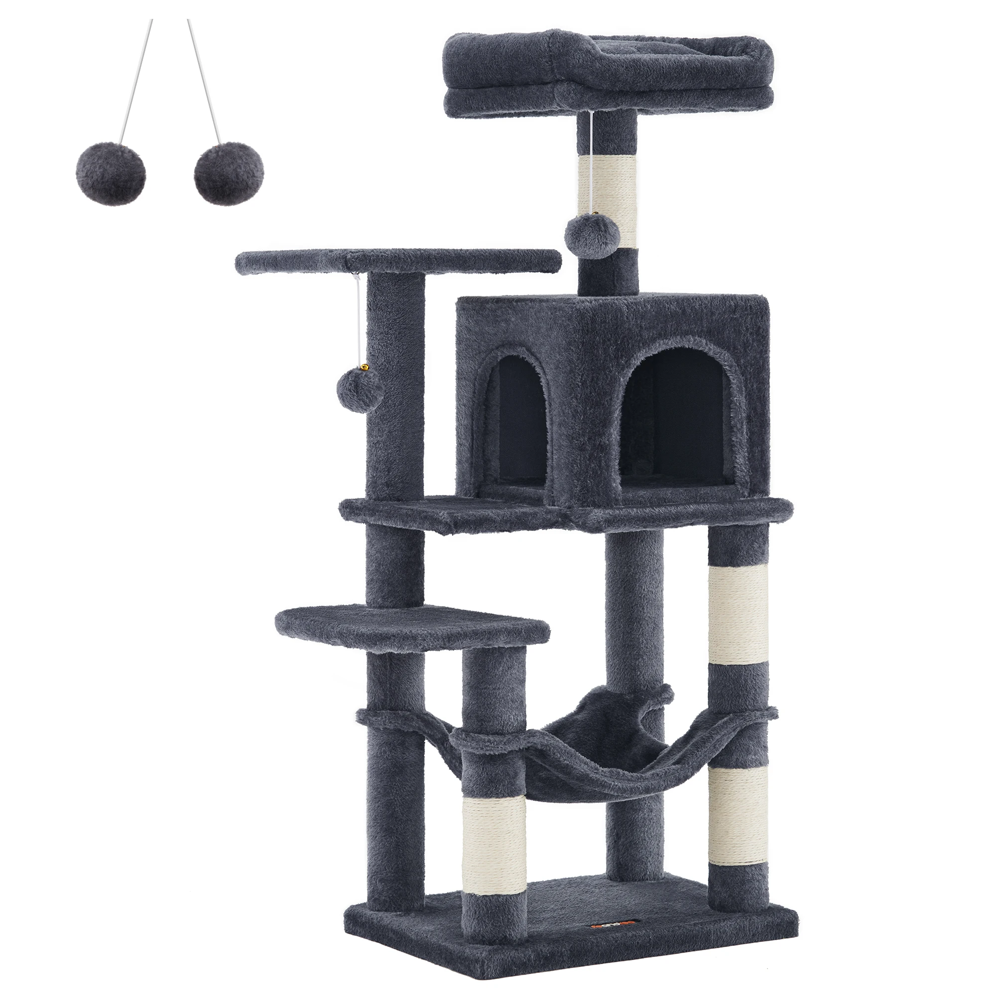 Albero per gatti Feandrea, altezza 112 cm/143 cm, torre per gatti, con 4 tiragraffi, 2 piattaforme, 1 grotta, 1 amaca, 2 pompon, tessuto felpato, multilivello, rosa confetto/bianco crema/grigio chiaro/grigio fumo