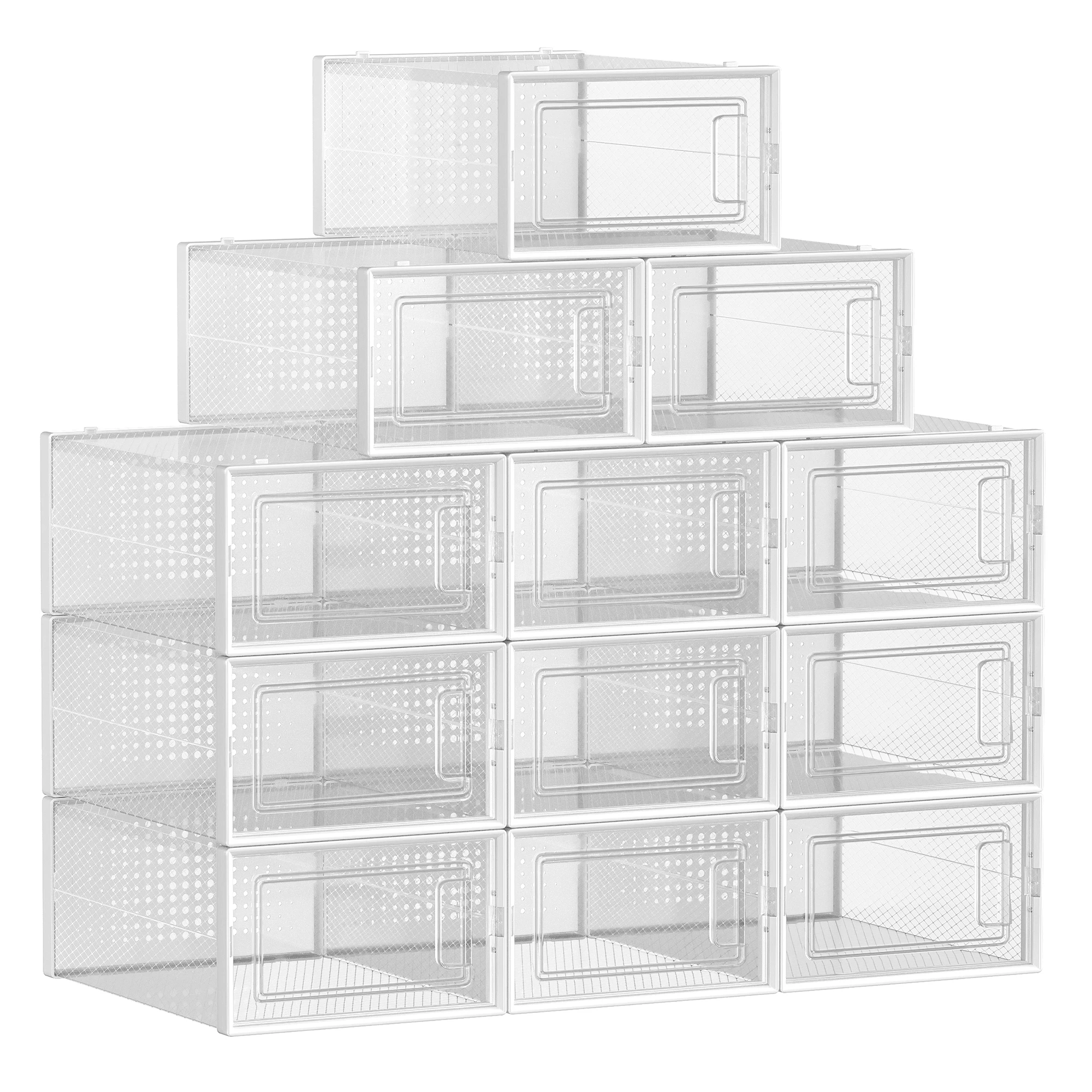 SONGMICS Cajas de Zapatos Plástico, Juego de 12 Organizadores de Almacenamiento, Caja Zapatero Plástico Plegable y Apilable para Zapatillas hasta talla 44, Transparente y Blanco/Transparente y Azul Carbón/Transparente y Verde Laurel