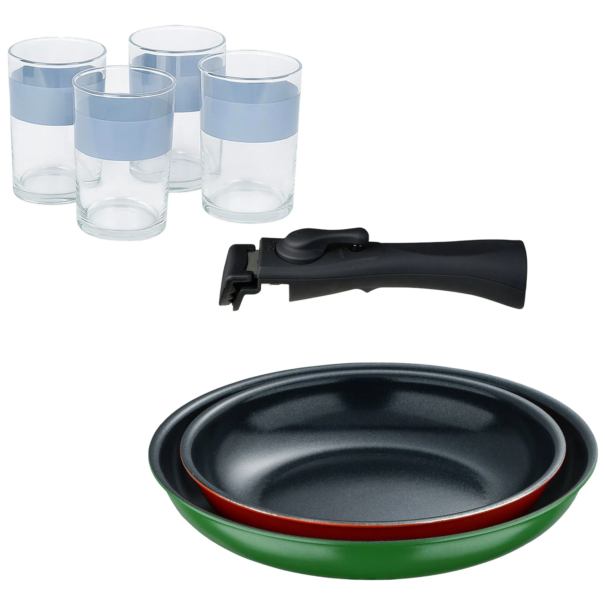 Bergner Click&Cook Juego de 2 Sartenes Ø22Ø26cm Aluminio prensado con Mango desmontable+Delantal de Cocina Gris oscuro 100% Algodón 75x80cm