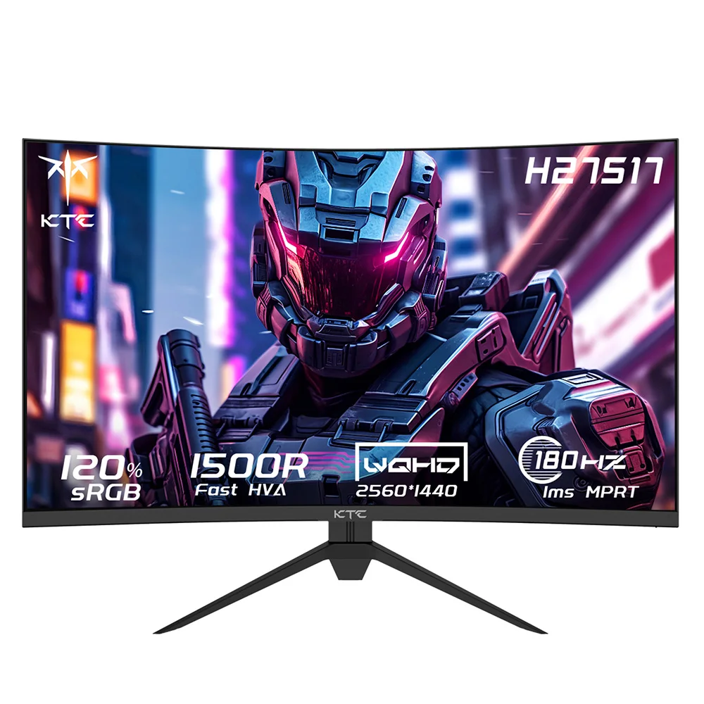 KTC Monitor Gaming Curvo 27 Pulgadas, 180Hz, 2K QHD 2560 x 1440p, 1ms, VA 1500R Sin Marco, HDR10,FreeSync & G-Sync, 16:9, 120% sRGB, Pantalla de reducción de luz Azul, DP 180Hz, HDMI 144Hz, H27S17