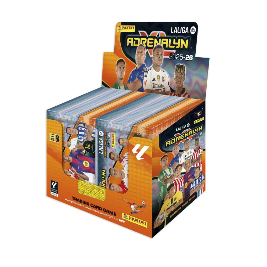 Adrenalyn XL EA Sports 2026 Trading Cards caja de 50 Packs for La Liga 2025/26 Collection, includes 300 collectible cards featuring stars like Mbappé, Vinicius, and more. Perfect for soccer card enthusiasts and collectors.