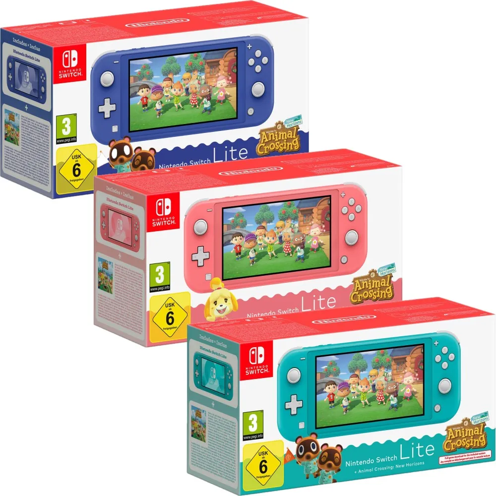 Nintendo Switch Lite Console + Animal Crossing New Horizons, available in multiple colors, includes digital game download and is designed for portable gaming, ideal for users on the go.