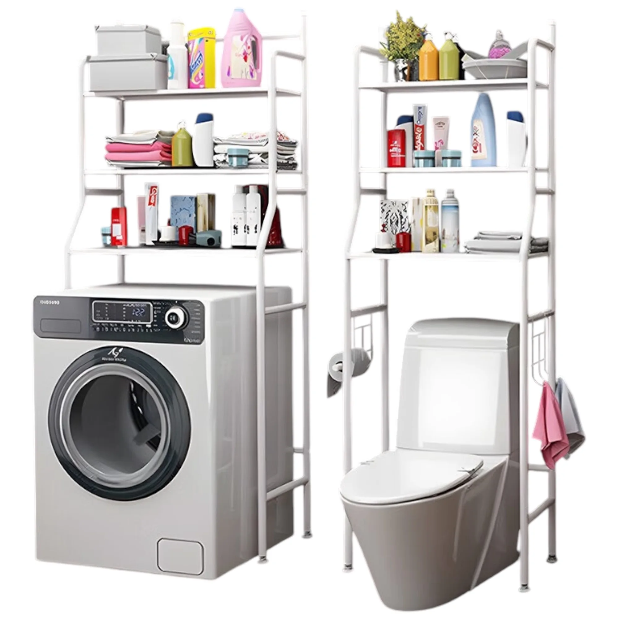 Mikomika Bathroom Shelf Over Toilet White Space Saver with 3 Shelves, Waterproof Storage, Adjustable Height Legs for Easy Installation, Perfect for Organizing Towels and Essentials.