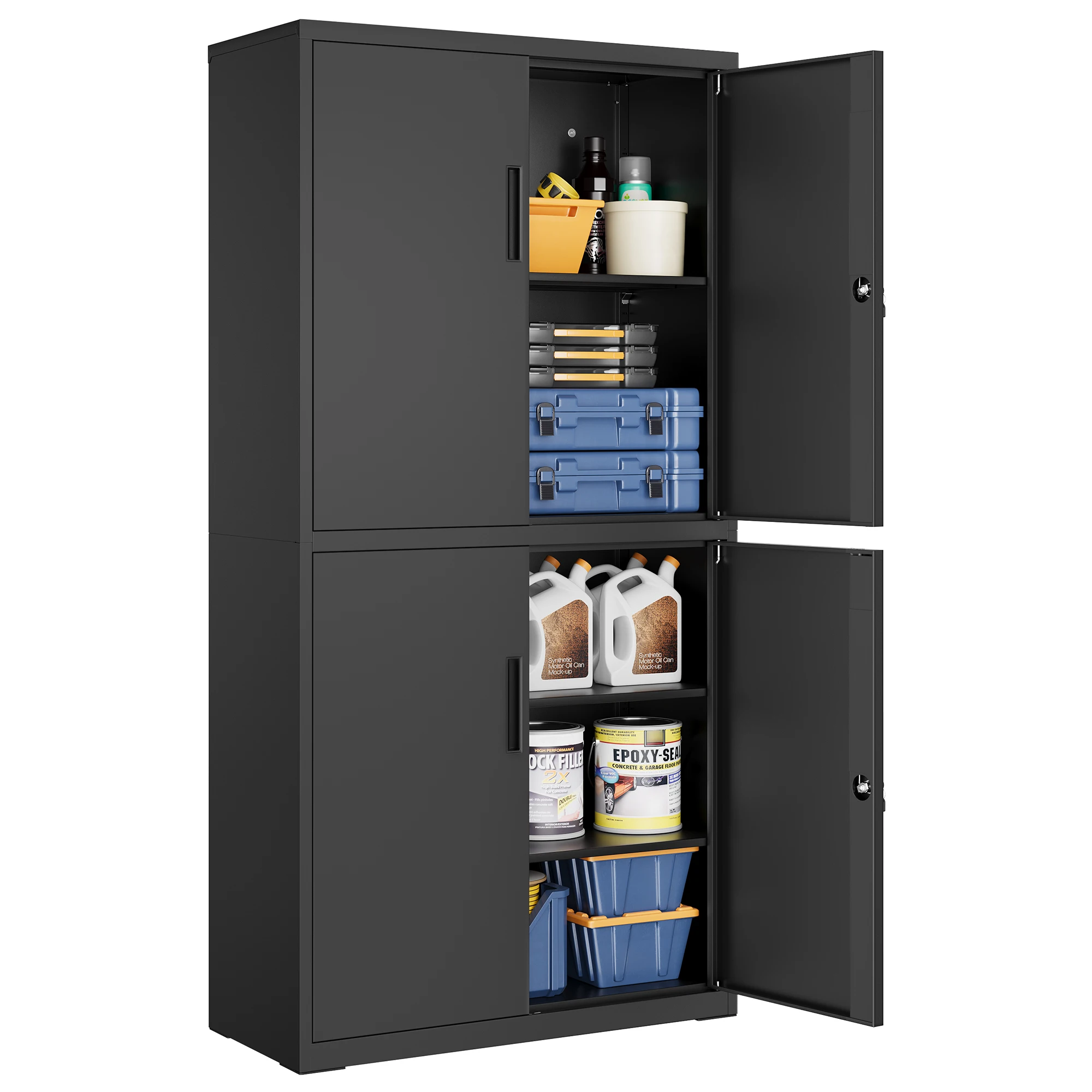 Songmics 5-shelf garage cabinet with 4 doors, office cabinet, 40 x 80 x 180 cm, 2 locks, adjustable shelves, metal cabinet, matte black/matte grey/matte white