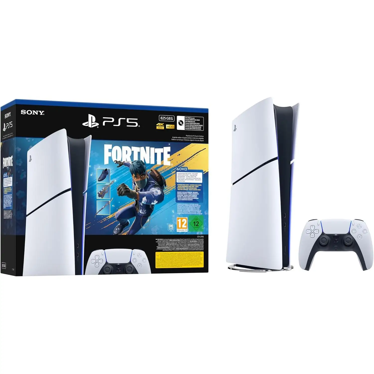 Sony PlayStation 5 PS5 825GB DIG Console Bundle Fortnite Flowering Chaos, include controller Dualsense bianco