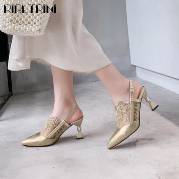

RIBETRINI Elagant Girl Lace Golden Office High Heels Shoes Pointed Toe Women Sandals Rhinestone Back Strap Sandals