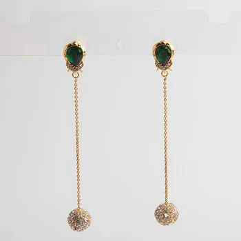

US Gold Dark Green Crystal Ball Earrings Long Earrings