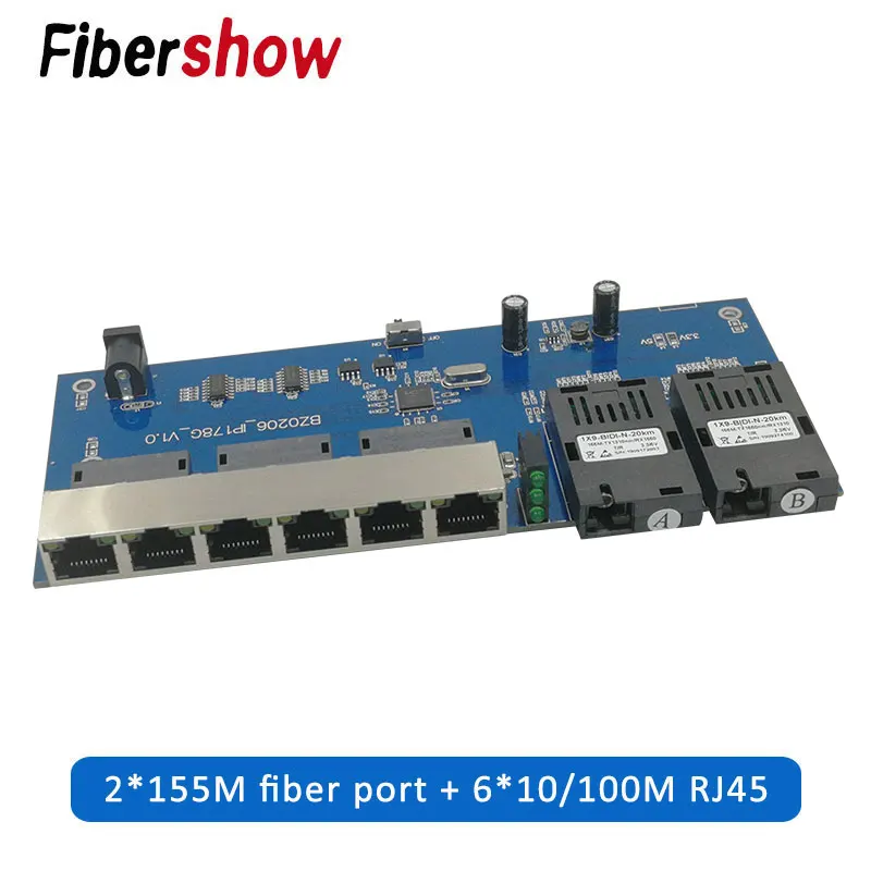 Волоконный коммутатор Ethernet 6 RJ45 2 SC оптический медиа конвертер одномодовый