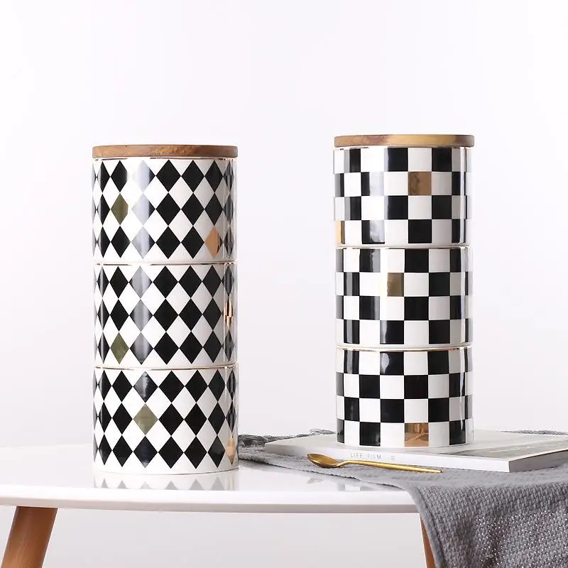 Nordic Lattice Ceramic Jars For Spices Slimes Wood Lid Cans For Storage Bottle Jar Kitchen Coffee Tea Candy Cane Container Bank