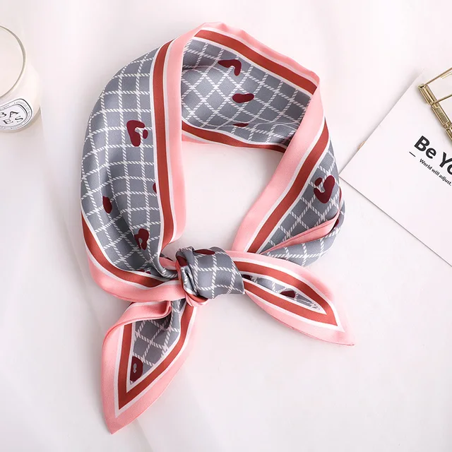 Sweet Love Print Women Small Silk Scarf Handle Bag Ribbons Female Head Scarves Sharp angle Green 90*10cm 9
