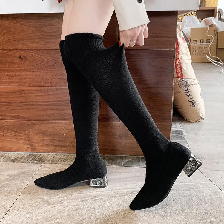 

2019 Autumn And Winter Korean-style New Style INS Online Celebrity Elasticity Over-the-knee Boots Slimming Man-made Diamond Chun