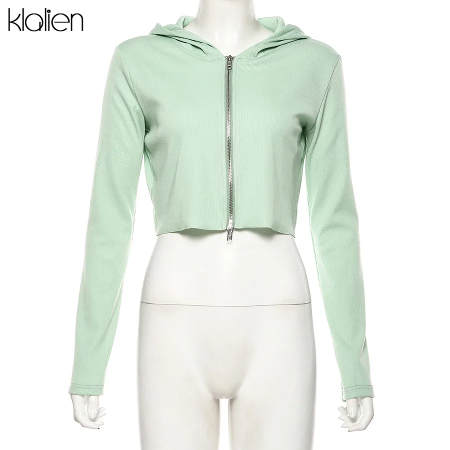 KLALIEN autumn hot Zipper V-Neck knitting Hooded Long Sleeve Women Casual Thin coat Knitted stretch Slim Female tops