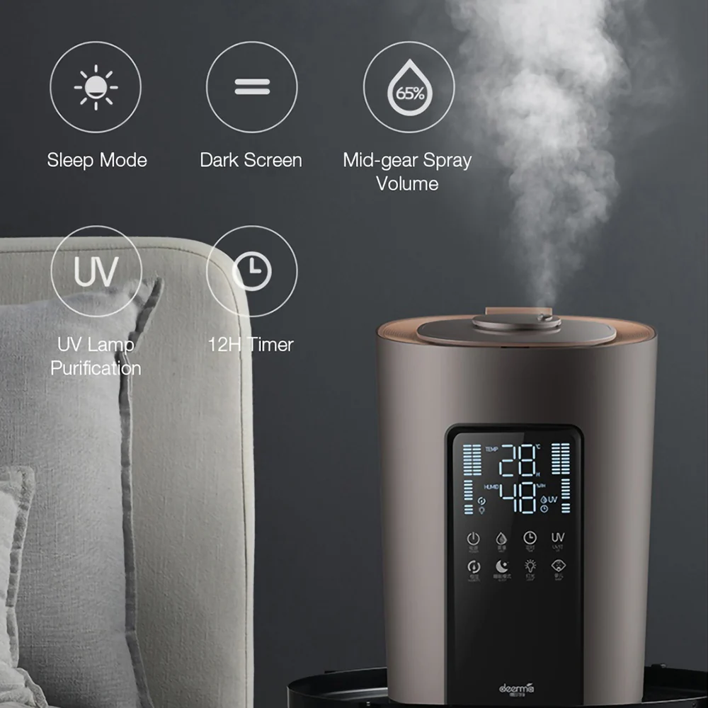 Deerma Ultrasonic Humidifier UV-C Sterilization Touch Control Smart Antibacterial Humidifier 5L Air Purifier w Essential Oil Box