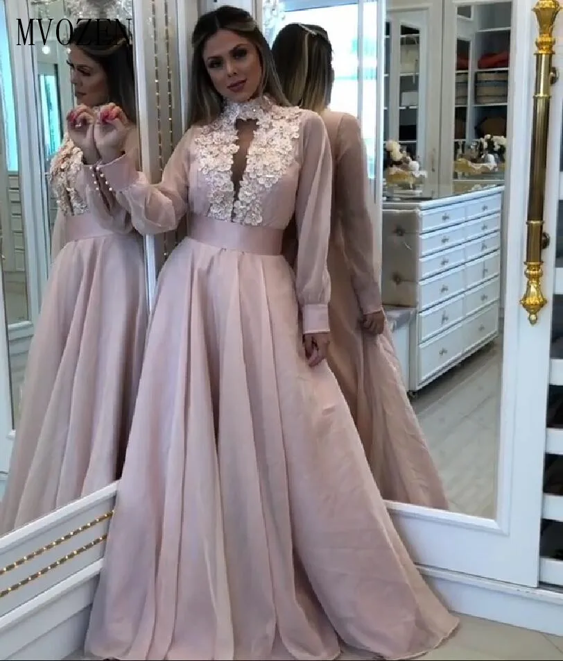 Soiree, Длинные вечерние платья,, высокий воротник, полный рукав, Кружевная аппликация, длина до пола, вечернее платье, Формальные Вечерние платья