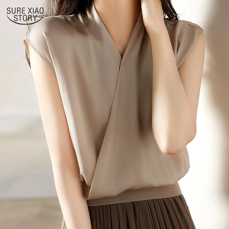 

O-neck Short Sleeve Lady Shirt Summer 2022 Chiffon Solid Vintage Women Blouses Overlapping Tops Female Blusas Verano Mujer 15650