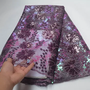 

New Purple African Mesh Lace Fabric 2019 High Quality Guipure Net Lace Nigerian Sequins With Bead African Dresses For Party