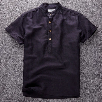 

Cotton Linen Shirts Mens Short Sleeve Stand Collar Pullover Casual Shirts Male Solid Black Loose Men's Tops Y1921