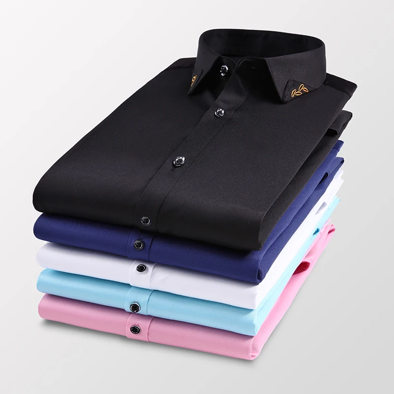 Stretch Shirt Embroidery Long-Sleeve Business Black Fashion Brand Mens Casual Blue New