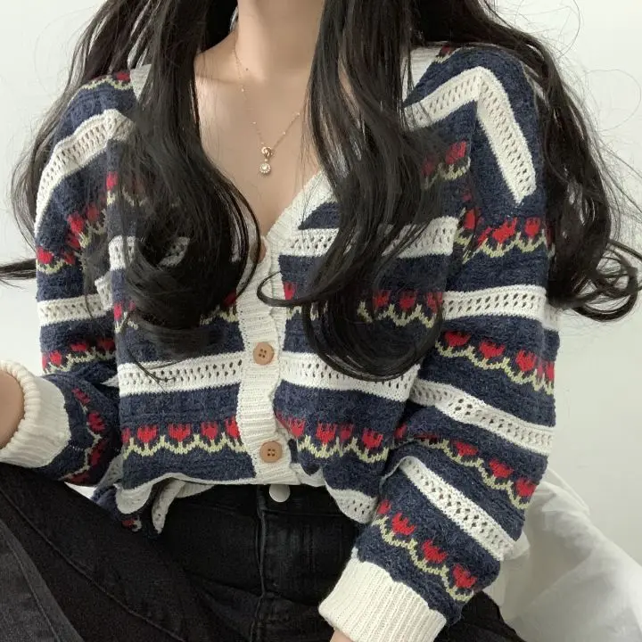 Woherb корейский винтажный кардиган с цветочным принтом женский сексуальный v-образный вырез выдалбливают вязаный кардиган осень Modis Pull милые свитера