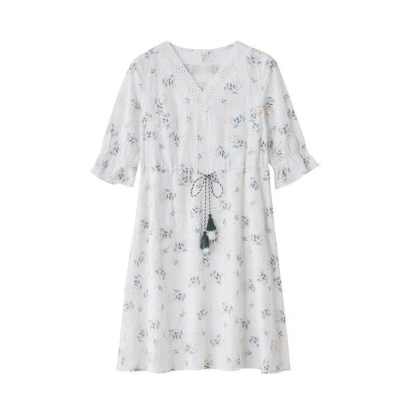 Big Promo 9vK2f INMAN 2020 Summer New Arrival Pure Cotton Hollow Out Lace V neck Nipped Waist A line Hemline Literary Printed Dress