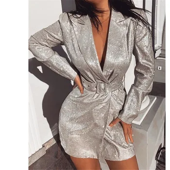 

Women 2020 New Spring Notched Long Sleeve Solid Color Sexy Night Clubwear Blazers Coat With Sashes Shimmering Slim Long Coats