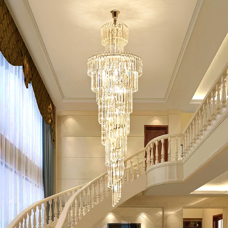 New Design Large Decorative High Ceilings Living Room Chrome Pendant Lamp Spiral Stair Lng Modern Luxury Crystal Chandelier | Лампы и