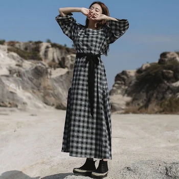 

NINI WONDERLAND 2020 Spring Plaid Dress For Women Cotton Square Collar Mori Girl Style Dresses Female Classic Robe Loose Dress