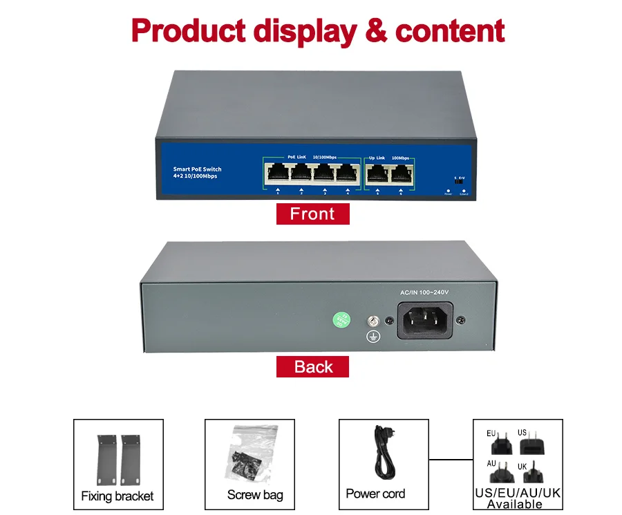 Стандартный 48V 4CH коммутатор питания через ethernet 15,4 W/30 W IEEE 802.3af/IEEE 802.3at 2 uplink Порты и разъёмы 78 Вт для видеонаблюдения POE IP Камера 250 м расстояние