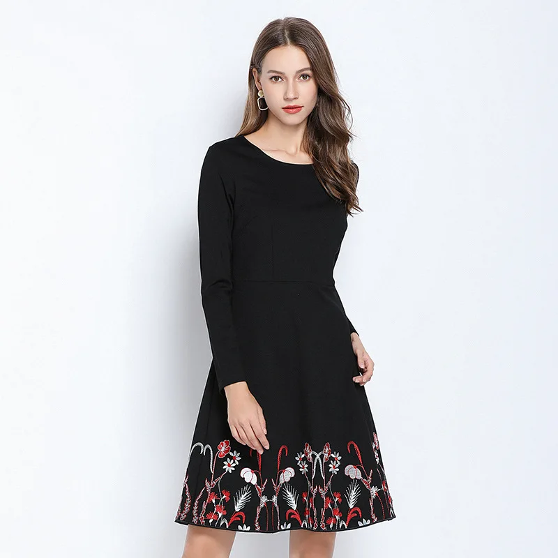 

Free shipping 2019Fashion Elegant embroidery Midi Dress Autumn black cultivated A-line dress party dress OL vestidos 5XL XXXXXL
