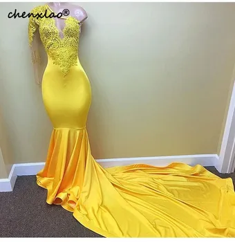 

Yellow Prom Dresses Mermaid One-shoulder Long Sleeves Lace Pearls Party Maxys Long Prom Gown Evening Dresses Robe De Soiree