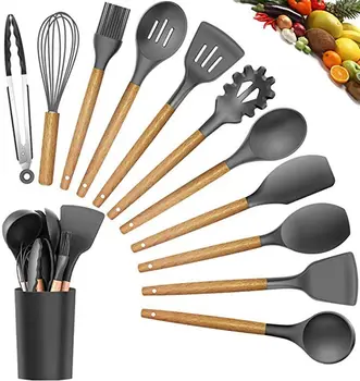 

11PCS Silicone Cooking Utensils Set Non-stick Spatula Shovel Wooden Handle Cooking Tools Set With Storage Box Kitchen Tools