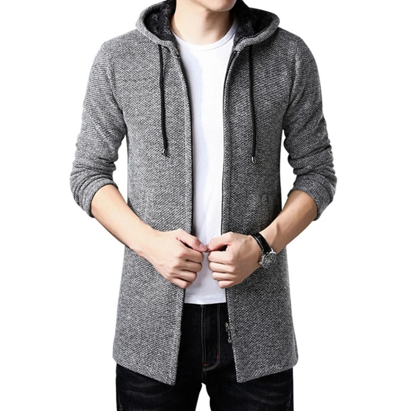 Light Gray HEFLASHOR свитер Мужская одежда Зимний толстый теплый длинный кардиган мужчины с свитер с капюшоном пальто хлопок лайнер молния куртка-разлетайка для беременных - Цвет: Light Gray