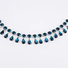 1 yard Blue long drop fringe trim belt sash sew on patches clothing sewing appliques crystal rhinestones for women wedding dress