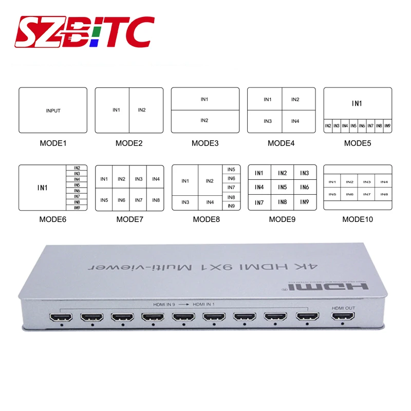 SZBITC 4K HDMI 9x1 Quad Multi-viewer 9 in 1 out with Seamless Switching IR Control Divider Switcher For Camares PC | Электроника