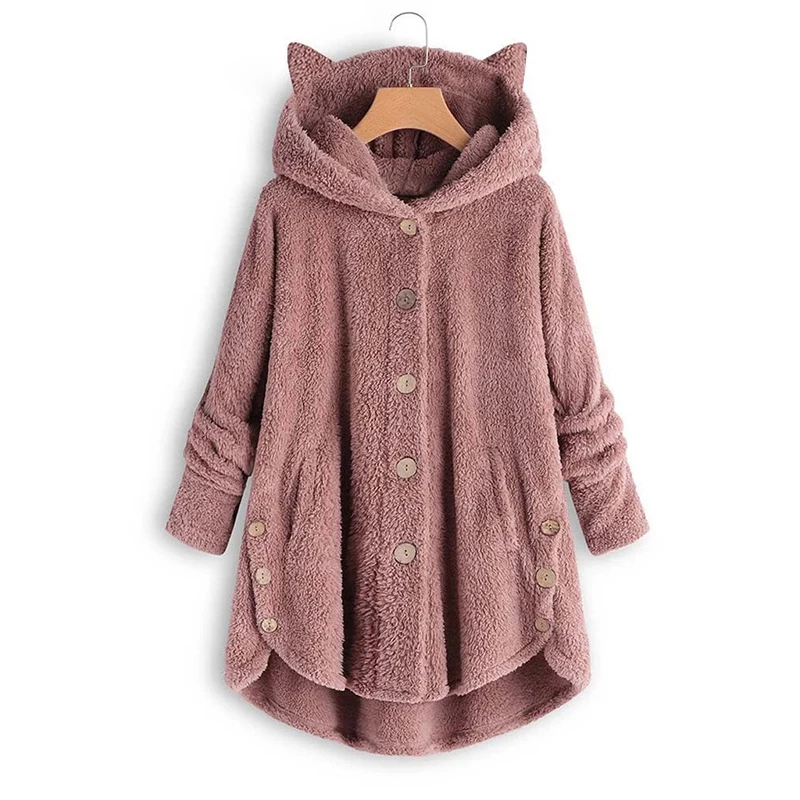

Teddy Coat Thick Fluffy Coat Loose Oversize Women Hoodies Autumn Winter Cat Ear Hooded Coats Buttons Plus Size Girl Clothes