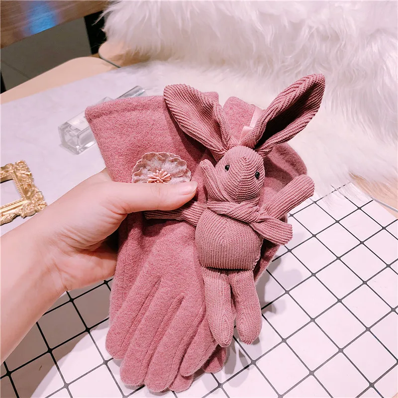 Корейская женская перчатка мультяшный Кролик Пять пальцев Сенсорный экран Толстый кашемир зима женские студенческие перчатки зима