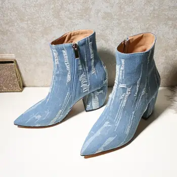 

US4-11 Womens Pointed Toe Denim Jeans Ankle Boots Side Zip Chunky Block High Heel Shoes Plus Size Black Blue C326
