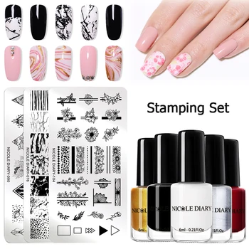 

NICOLE DIARY Nail Stamping Polish Stamp Templates Set Marble Flowder Images Printing Plates Kit Nail Art Varnish Stencil