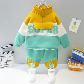 

Winter Children Boys Thick Fleece Letter Sweatshirt Outerwear + Casual Trousers Sportswear Clothing Sets Kids 2Pcs Suits