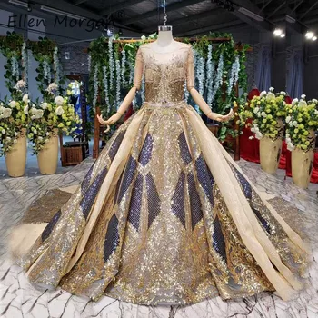 

Arabic Glitter Wedding Dresses Gold Bridal Ball Gowns 2019 Elegant Backless Boat Neck Cap Sleeves Beads Lace Vestido De Novia