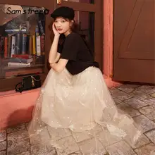 SAM'S TREE Black Polka Dot Sequins Contrast Mesh Casual Skirts Women 2020 Spring White High Waist Korean Ladies Daily Skirts