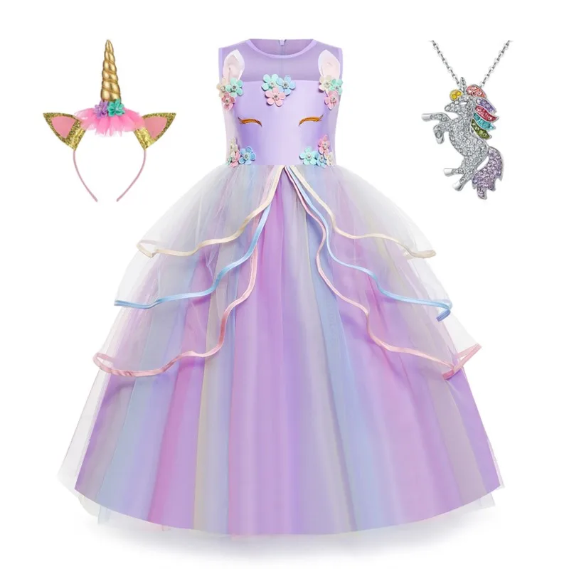 Christmas Unicorn Costume for Girls Princess Birthday Party Long Dress Halloween Carnival Costume Kids Flower Dress 4-12 Years