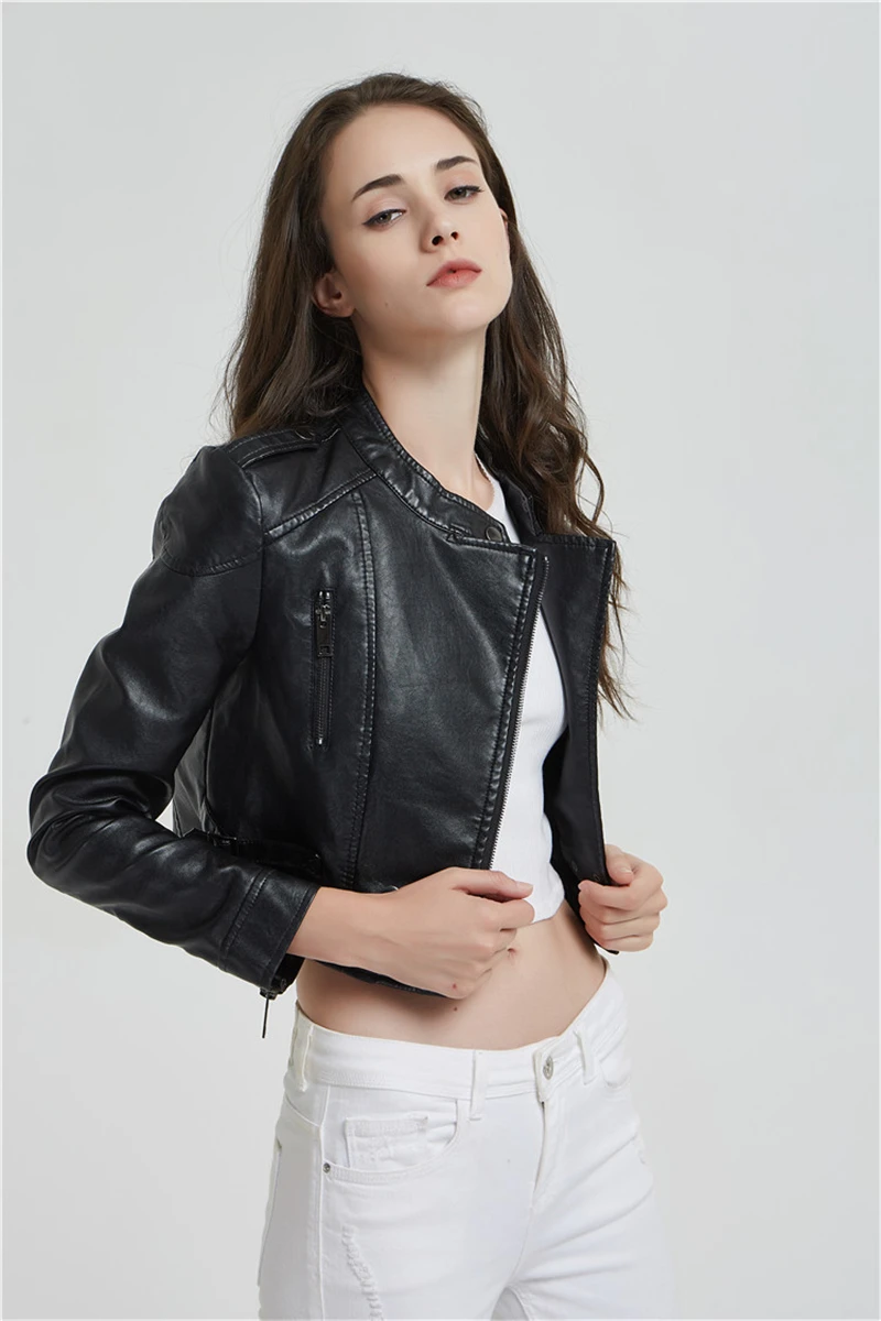Gocgt Womens Slim Tailoring Leather Jackets Short Coat with Zips Black US S=China M