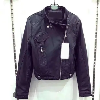 

Women Faux Leather Jacket Mandarin Collar Turn-Down Collar Pockets Bomber Jacket Ladies Overcoat Pu Coat