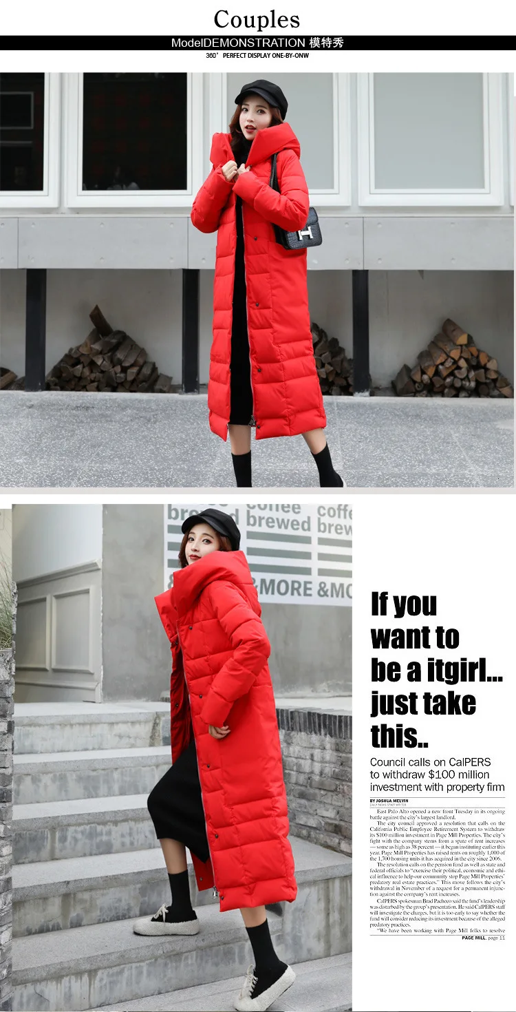 Шикарное длинное тонкое зимнее пуховое пальто с капюшоном Женская куртка большого размера Толстая теплая ватная парка с большим карманом