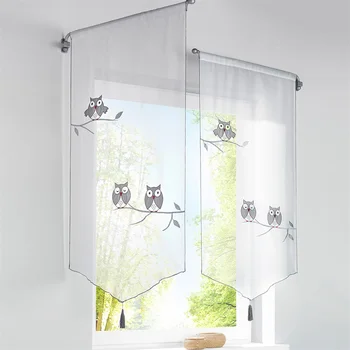 

2020 Creative Short Curtains Owl Pattern Roman Blinds Curtains For The Kitchen White Sheer Tassel Tulle Window Curtains VC