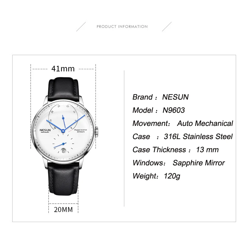 New Switzerland NESUN Luxury Brand Automatic Mechanical Men's Watches Leather Sapphire Waterproof Energy Display Clocks N9603