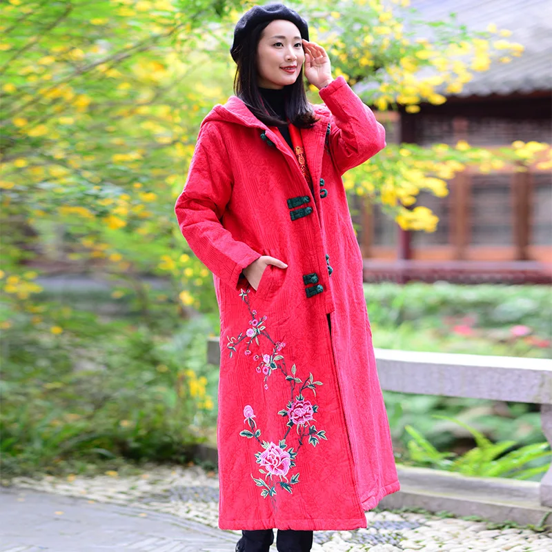 

Winter Cotton Dress Women's Mid-length Thick 2018 New Style Embroidered Retro Women's Ethnic-Style Large Size Cotton-padded Clot